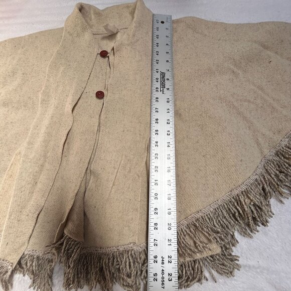 Vintage 90s Artilana Womens Wool Cape Poncho Wrap Jacket Cream Fringe Trim Woven - Picture 5 of 6